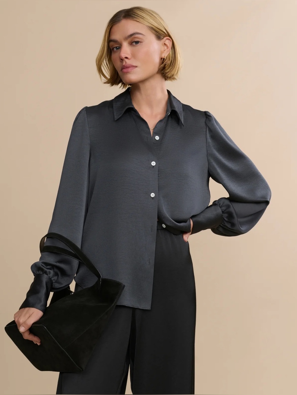 NWT Jenni Kayne Remy Shirt Slate Satin Puff Sleeve Blouse Large Quiet Luxury